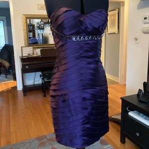 Bebe purple satin strapless tiered cocktail dress